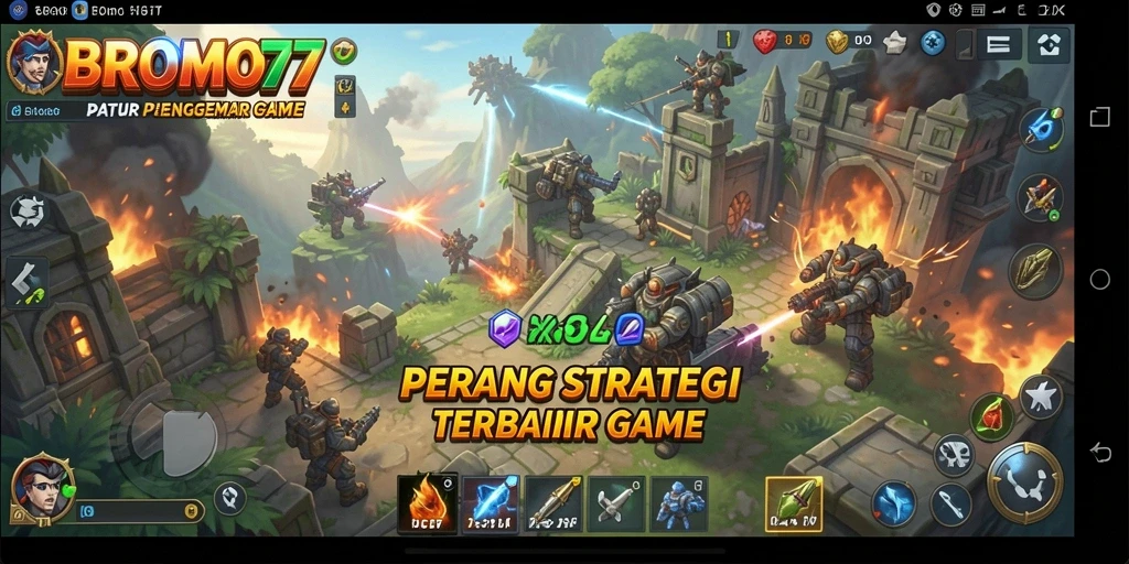 Tangkapan layar gameplay BROMO77 menampilkan strategi pertempuran yang intens.