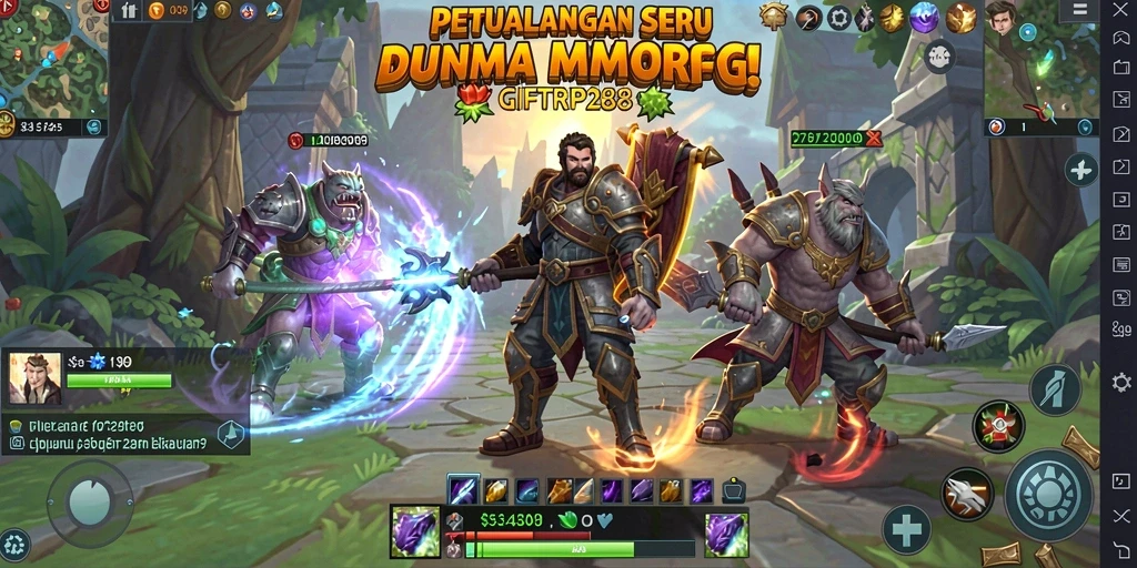 Screenshot utama GIFTRP288 menampilkan pertarungan epik dalam arena MMORPG.