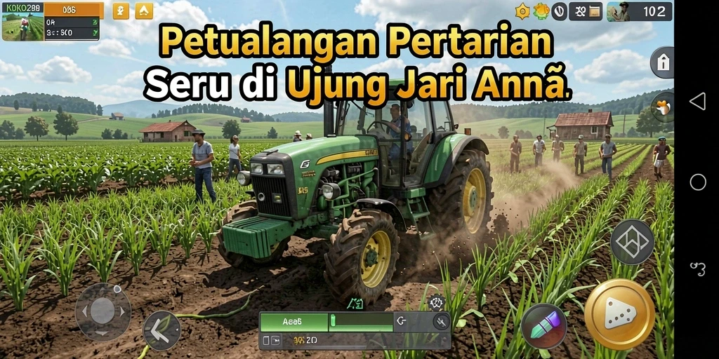 Tampilan gameplay KOKO288 menampilkan peternakan yang penuh warna dan interaktif.
