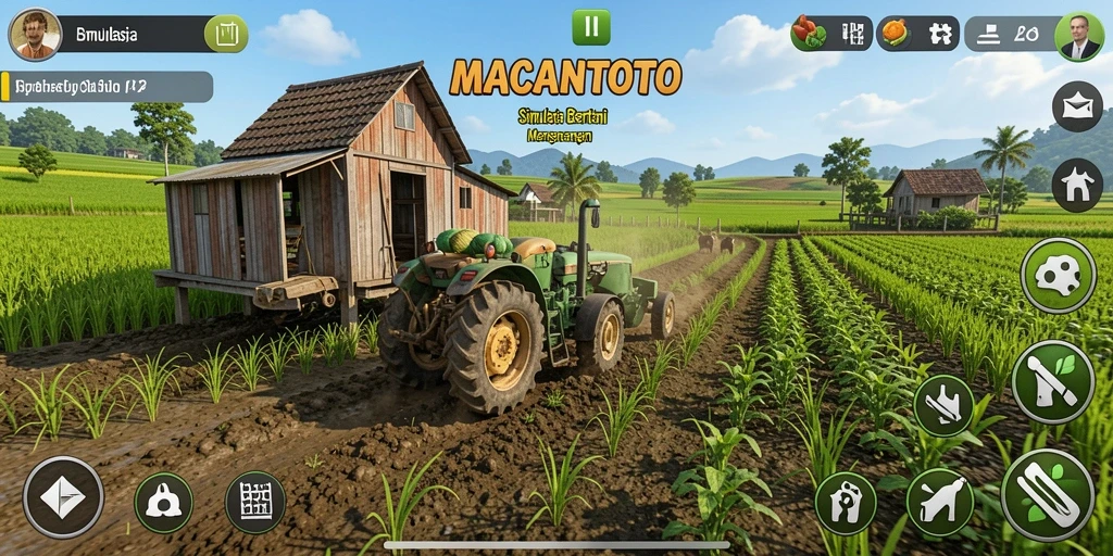Tangkapan layar utama dari gameplay yang menggambarkan aktivitas bertani di MACANTOTO.