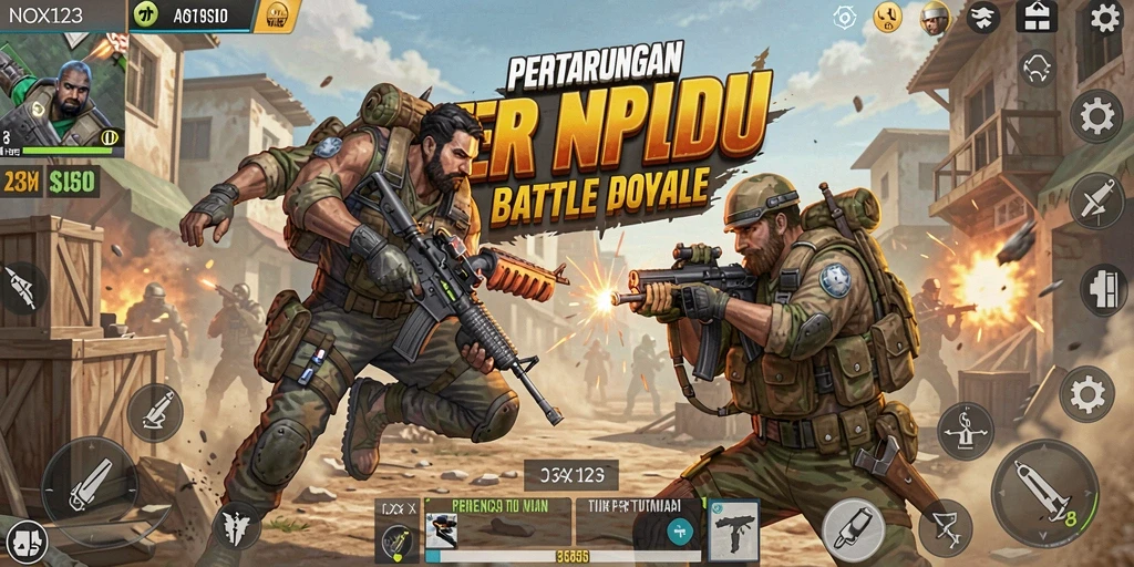 Screenshot menampilkan aksi intens dalam gameplay Battle Royale NOX123.