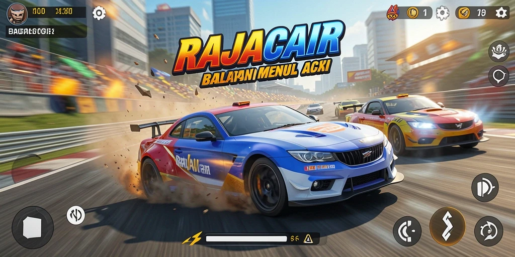 Screenshot gameplay RAJACAIR menampilkan aksi balapan mobil yang mendebarkan.